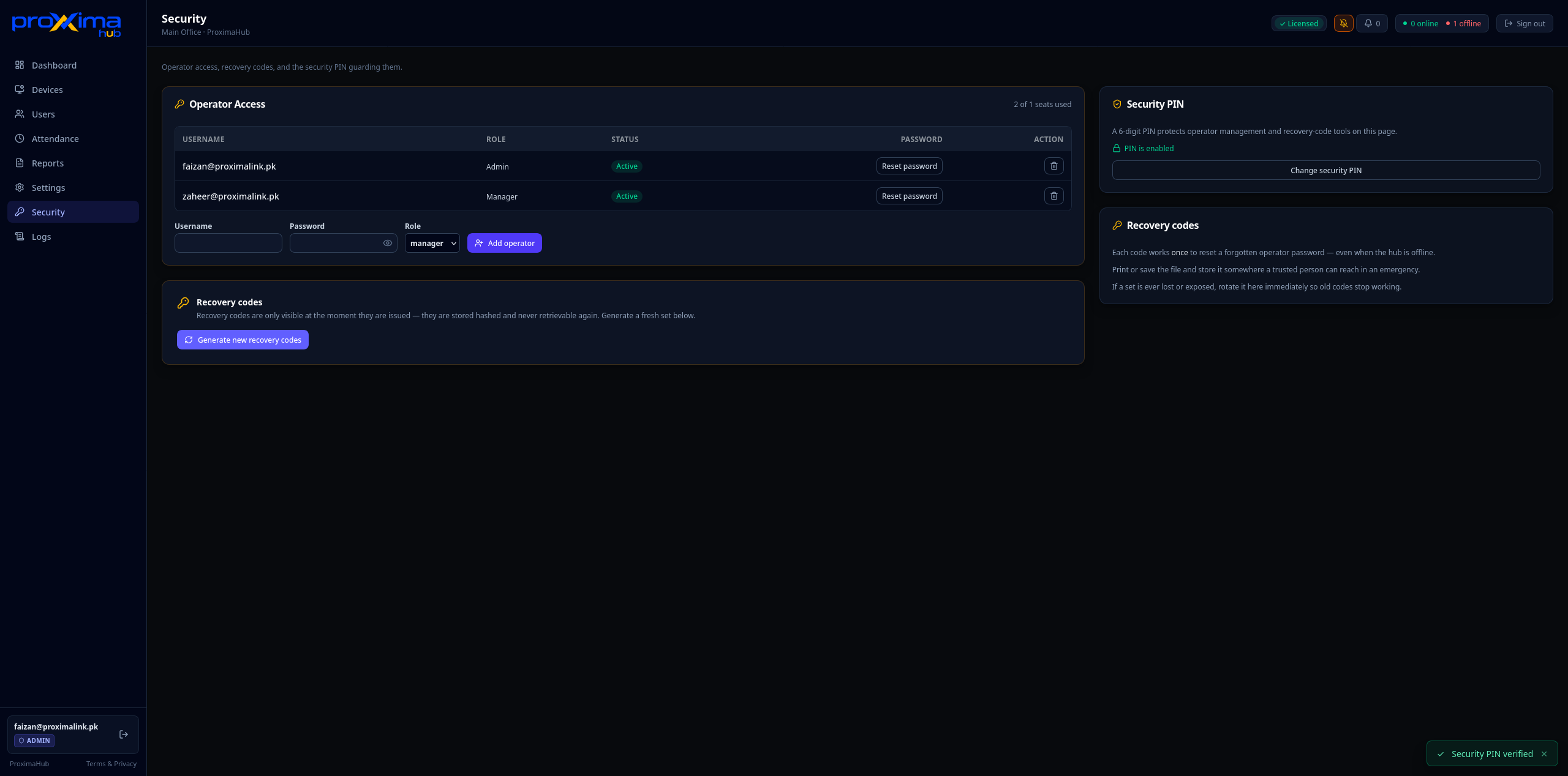 Security screen showing operator access, roles and recovery codes